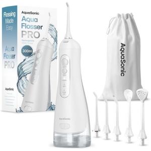 AquaSonic Aqua Flosser PRO – Rechargeable Electric Cordless Water Flosser for Teeth, Gums & Tongue – Waterproof Modern Design, 300ml Large Tank, 3 Modes, 6 Jet Tips, Deluxe Tongue Nozzle – Optic White(Optic White)