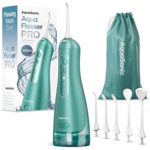 AquaSonic Aqua Flosser PRO – Rechargeable Electric Cordless Water Flosser for Teeth, Gums & Tongue – Waterproof Modern Design, 300ml Large Tank, 3 Modes, 6 Jet Tips, Deluxe Tongue Nozzle – Optic White(Green)