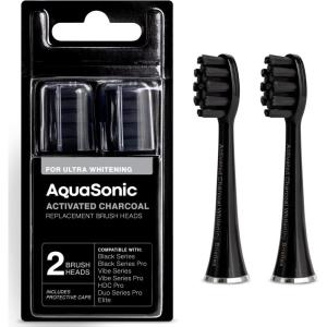 AquaSonic Genuine 2-Pack Activated Charcoal Brush Heads – Ultra Whitening Brush Heads – 2X Whitening & Stain Remover – for Black Series & Pro, Vibe Series, Duo Pro Series (Black)(Black)