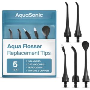 AquaSonic Genuine Aqua Flosser Replacement Tips – 5 Tips, 4 Types: Standard, Periodontal, Orthodontic & Tongue Scraper – Authentic Parts (Black)(Black)