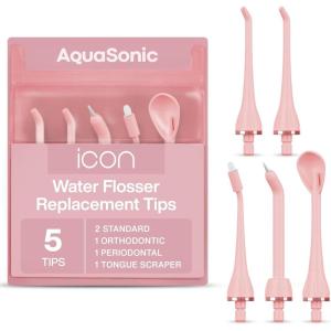 AquaSonic Genuine Icon Water Flosser Replacement Tips – 5 Tips, 4 Tip Types: Standard, Periodontal, Orthodontic & Tongue Scraper – Authentic Parts (Stone)(Blush)