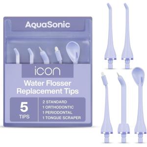 AquaSonic Genuine Icon Water Flosser Replacement Tips – 5 Tips, 4 Tip Types: Standard, Periodontal, Orthodontic & Tongue Scraper – Authentic Parts (Stone)(Lilac)
