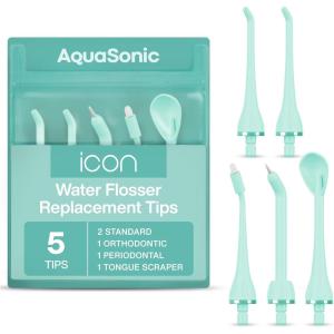 AquaSonic Genuine Icon Water Flosser Replacement Tips – 5 Tips, 4 Tip Types: Standard, Periodontal, Orthodontic & Tongue Scraper – Authentic Parts (Stone)(Mint)