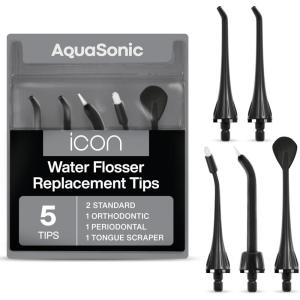 AquaSonic Genuine Icon Water Flosser Replacement Tips – 5 Tips, 4 Tip Types: Standard, Periodontal, Orthodontic & Tongue Scraper – Authentic Parts (Stone)(Onyx)