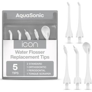 AquaSonic Genuine Icon Water Flosser Replacement Tips – 5 Tips, 4 Tip Types: Standard, Periodontal, Orthodontic & Tongue Scraper – Authentic Parts (Stone)(Pearl)