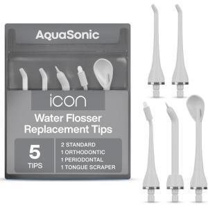 AquaSonic Genuine Icon Water Flosser Replacement Tips – 5 Tips, 4 Tip Types: Standard, Periodontal, Orthodontic & Tongue Scraper – Authentic Parts (Stone)(Stone)