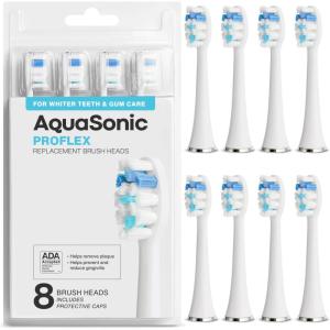 AquaSonic Genuine Proflex Replacement Brush Heads | ADA Accepted | for Whiter Teeth & Gum Care | Compatible with Many AquaSonic Toothbrush Handles (3 Pack Black)(8 Pack White)