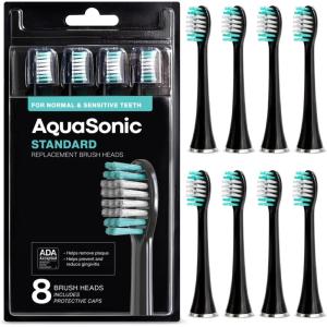AquaSonic Genuine Standard Replacement Brush Heads | for Normal & Sensitive Teeth | Compatible with Many AquaSonic Toothbrush Handles (2 Pack Black)(8 Pack Black)