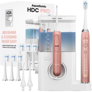AquaSonic Home Dental Center PRO – Brushing & Flossing Made Easy – Brush & Floss – Power Toothbrush & Water Flosser – Whiter Teeth & Healthier Gums – Black Series Pro+Oral Irrigator(Rose Gold)