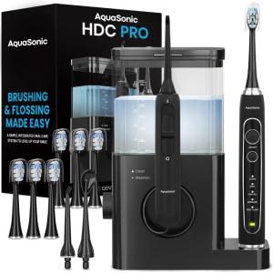 AquaSonic Home Dental Center PRO – Brushing & Flossing Made Easy – Brush & Floss – Power Toothbrush & Water Flosser – Whiter Teeth & Healthier Gums – Black Series Pro+Oral Irrigator(Black)