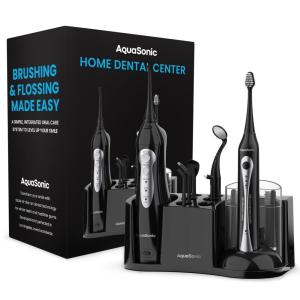 AquaSonic Home Dental Center Rechargeable Power Toothbrush & Smart Water Flosser – Complete Family Oral Care System – 10 Attachments and Tips Included – Various Modes & Timers (Black)(Black)