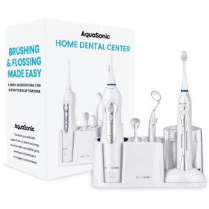 AquaSonic Home Dental Center Rechargeable Power Toothbrush & Smart Water Flosser – Complete Family Oral Care System – 10 Attachments and Tips Included – Various Modes & Timers (Black)(White)