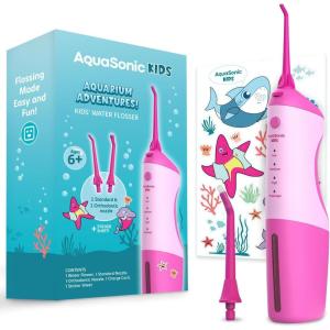 AquaSonic Kids’ Water Flosser for Ages 6+ | Standard Nozzle, Orthodontic Nozzle & Waterproof Stickers | 4 Flossing Modes | Aquarium Adventures Theme (Blue)(Pink)