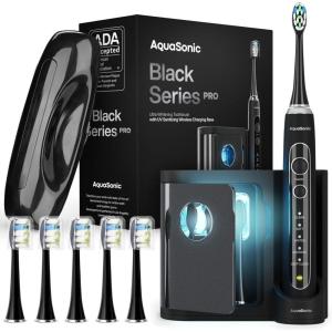 Aquasonic Black Series PRO UV – Ultra-Whitening Electric Toothbrush – 5 Modes & Smart Timers – UV Sanitizing Base, Premium Travel Case & 6 Proflex Brush Heads – ADA Accepted(1 Count (Pack of 1))