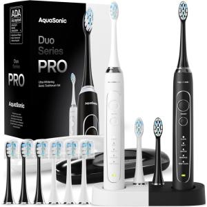Aquasonic Duo Series PRO UV – ADA Accepted Electric Toothbrushes with UV Sanitizer – Inductive Charging Base – 5 Modes with Smart Timers – 10 Proflex Brush Heads & 2 Travel Cases(2 Count (Pack of 1))