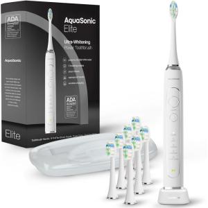 Aquasonic Elite Ultra-Whitening Toothbrush – ADA Accepted Power Toothbrush – 8 Proflex Brush Heads & Travel Case – 50,000 VPM Motor & Wireless Charging – 5 Modes w Smart Timer (White)(White)