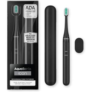 Aquasonic Icon ADA-Accepted Rechargeable Toothbrush | Magnetic Holder & Slim Travel Case | 2 Brushing Modes & Smart Timers | Gentle Micro-Vibrations (Stone)(Onyx)