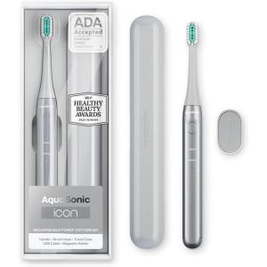 Aquasonic Icon ADA-Accepted Rechargeable Toothbrush | Magnetic Holder & Slim Travel Case | 2 Brushing Modes & Smart Timers | Gentle Micro-Vibrations (Stone)(Stone)