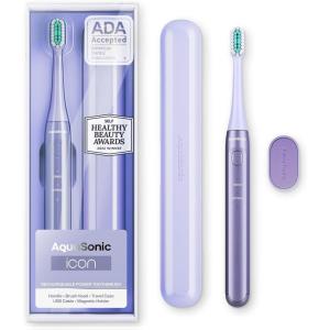 Aquasonic Icon ADA-Accepted Rechargeable Toothbrush | Magnetic Holder & Slim Travel Case | 2 Brushing Modes & Smart Timers | Gentle Micro-Vibrations (Stone)(Lilac)