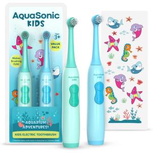 Aquasonic Kids Electric Toothbrush Set for Ages 3+ | Soft Bristles, Oscillating Brush Head, Built-in Battery | Aquarium Adventures