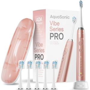 Aquasonic Vibe Series PRO – Ultra-Whitening Electric Toothbrush – 5 Modes & Smart Timers – Premium Travel Case & 6 Proflex Brush Heads – ADA Accepted Toothbrush (Rose Gold)(Rose Gold)