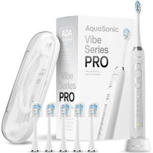 Aquasonic Vibe Series PRO – Ultra-Whitening Electric Toothbrush – 5 Modes & Smart Timers – Premium Travel Case & 6 Proflex Brush Heads – ADA Accepted Toothbrush (Rose Gold)(Optic White)