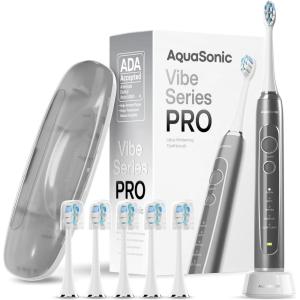 Aquasonic Vibe Series PRO – Ultra-Whitening Electric Toothbrush – 5 Modes & Smart Timers – Premium Travel Case & 6 Proflex Brush Heads – ADA Accepted Toothbrush (Rose Gold)(Charcoal Metallic)