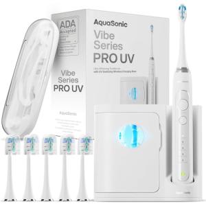 Aquasonic Vibe Series PRO – Ultra-Whitening Electric Toothbrush – 5 Modes & Smart Timers – UV Sanitizing Base – ADA Accepted (Charcoal Metallic)(Optic White)