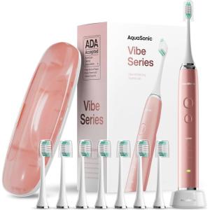 Aquasonic Vibe Series Ultra-Whitening Toothbrush – ADA Accepted Electric Toothbrush – 8 Brush Heads & Travel Case – 40,000 VPM Motor & Wireless Charging – 4 Modes w Smart Timer – Optic White(Satin Rose Gold)