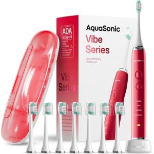 Aquasonic Vibe Series Ultra-Whitening Toothbrush – ADA Accepted Electric Toothbrush – 8 Brush Heads & Travel Case – 40,000 VPM Motor & Wireless Charging – 4 Modes w Smart Timer – Optic White(Ruby)