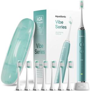 Aquasonic Vibe Series Ultra-Whitening Toothbrush – ADA Accepted Electric Toothbrush – 8 Brush Heads & Travel Case – 40,000 VPM Motor & Wireless Charging – 4 Modes w Smart Timer – Optic White(Mint Green Metallic)