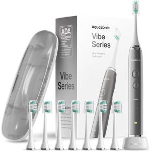 Aquasonic Vibe Series Ultra-Whitening Toothbrush – ADA Accepted Electric Toothbrush – 8 Brush Heads & Travel Case – 40,000 VPM Motor & Wireless Charging – 4 Modes w Smart Timer – Optic White(Charcoal Metallic)