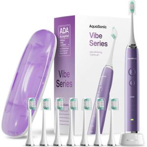 Aquasonic Vibe Series Ultra-Whitening Toothbrush – ADA Accepted Electric Toothbrush – 8 Brush Heads & Travel Case – 40,000 VPM Motor & Wireless Charging – 4 Modes w Smart Timer – Optic White(Satin Violet)