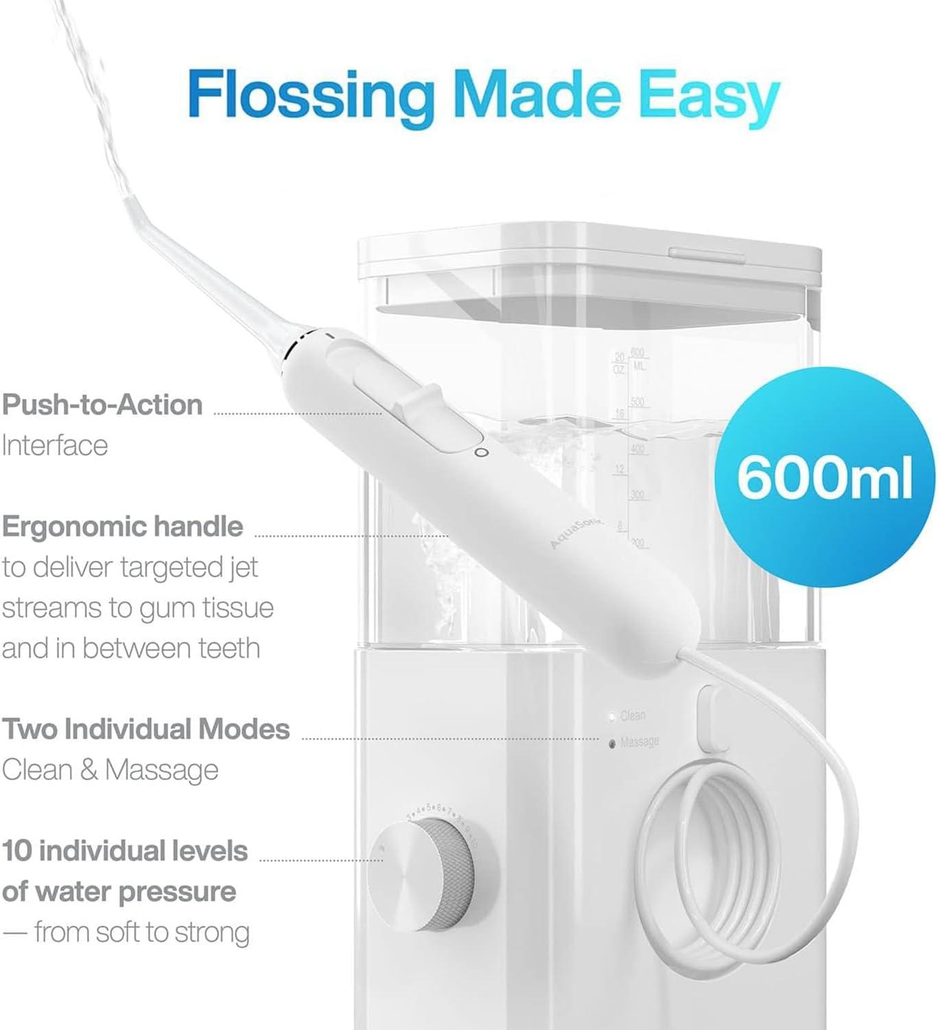 image:imageAquaSonic Aqua Flosser PRO Professional Water Flosser with Large Capacity Reservoir Oral Irrigator w 2 Modes 10 Levels of Water Pressure 4 Included Tips Sleek amp CompactWhite
