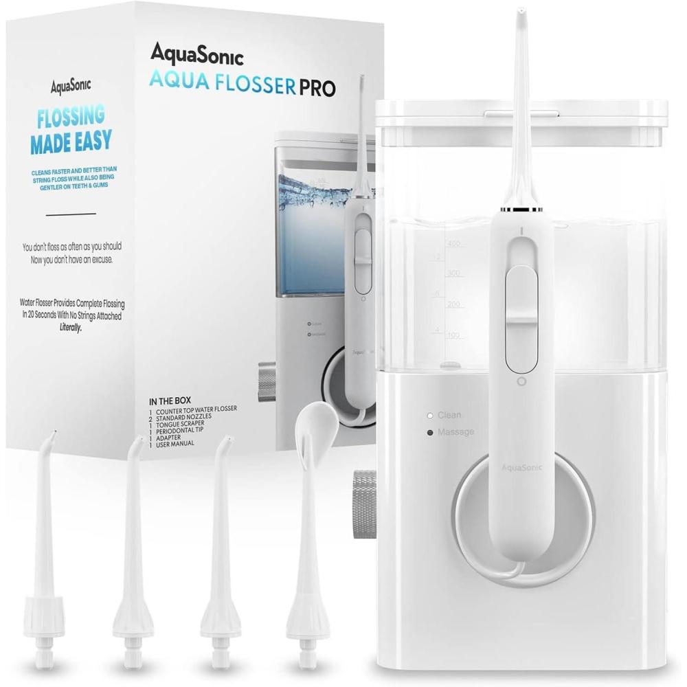 image:imageAquaSonic Aqua Flosser PRO Professional Water Flosser with Large Capacity Reservoir Oral Irrigator w 2 Modes 10 Levels of Water Pressure 4 Included Tips Sleek amp CompactWhite
