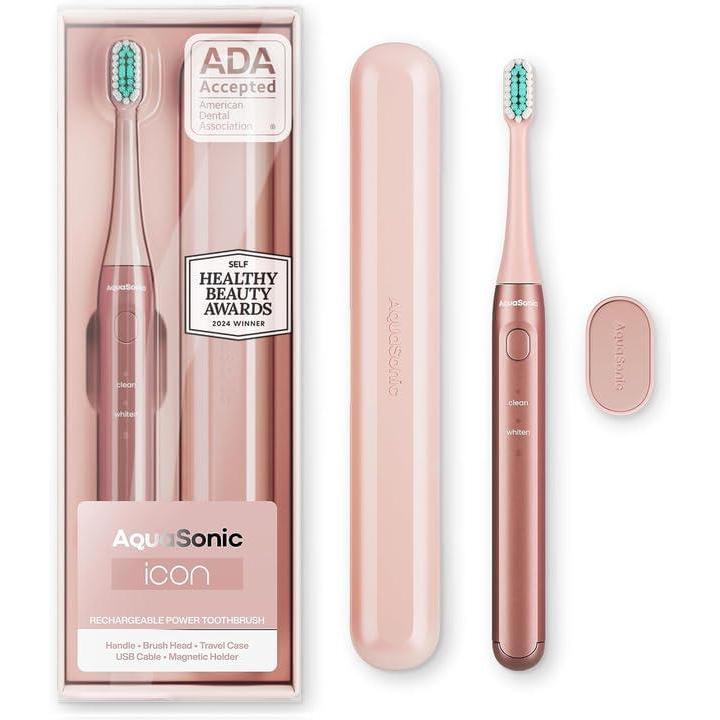 image:imageAquasonic Icon ADAAccepted Rechargeable Toothbrush  Magnetic Holder amp Slim Travel Case  2 Brushing Modes amp Smart Timers  Gentle MicroVibrations NavyBlush
