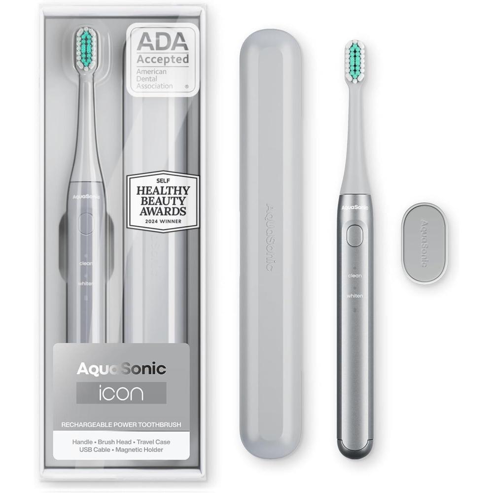 image:imageAquasonic Icon ADAAccepted Rechargeable Toothbrush  Magnetic Holder amp Slim Travel Case  2 Brushing Modes amp Smart Timers  Gentle MicroVibrations NavyStone