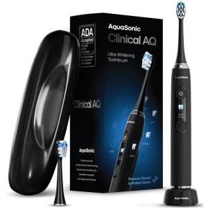 Aquasonic Clinical AQ Ultra-Whitening Smart Toothbrush with Pressure Sensor, LCD Screen & Battery Level Indicator – 2 Brush Heads & Hard Sell Travel Case