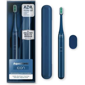 Aquasonic Icon ADA-Accepted Rechargeable Toothbrush | Magnetic Holder & Slim Travel Case | 2 Brushing Modes & Smart Timers | Gentle Micro-Vibrations (Navy)(Navy)