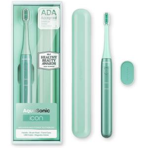 Aquasonic Icon ADA-Accepted Rechargeable Toothbrush | Magnetic Holder & Slim Travel Case | 2 Brushing Modes & Smart Timers | Gentle Micro-Vibrations (Navy)(Mint)