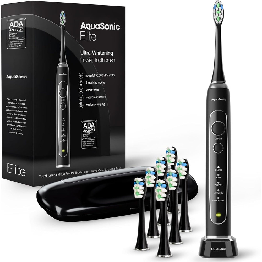 image:imageAquasonic Elite UltraWhitening Toothbrush ADA Accepted Power Toothbrush 8 Proflex Brush Heads amp Travel Case 50000 VPM Motor amp Wireless Charging 5 Modes w Smart Timer BlackBlack