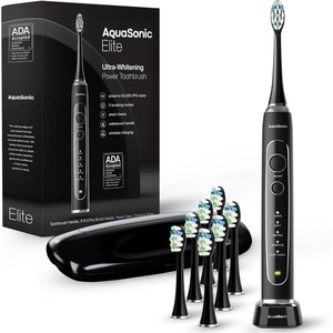 Aquasonic Elite Ultra-Whitening Toothbrush – ADA Accepted Power Toothbrush – 8 Proflex Brush Heads & Travel Case – 50,000 VPM Motor & Wireless Charging – 5 Modes w Smart Timer (Black)(Black)